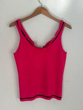 Vintage Cache Hot Pink Tank Top Black Trim Ruffle Summer Feminine Girly Medium